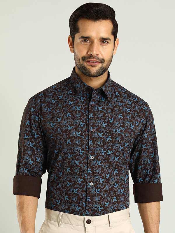 Indian Terrain Men's Regular Fit Full Sleeve Floral Print Dark Brown Shirt